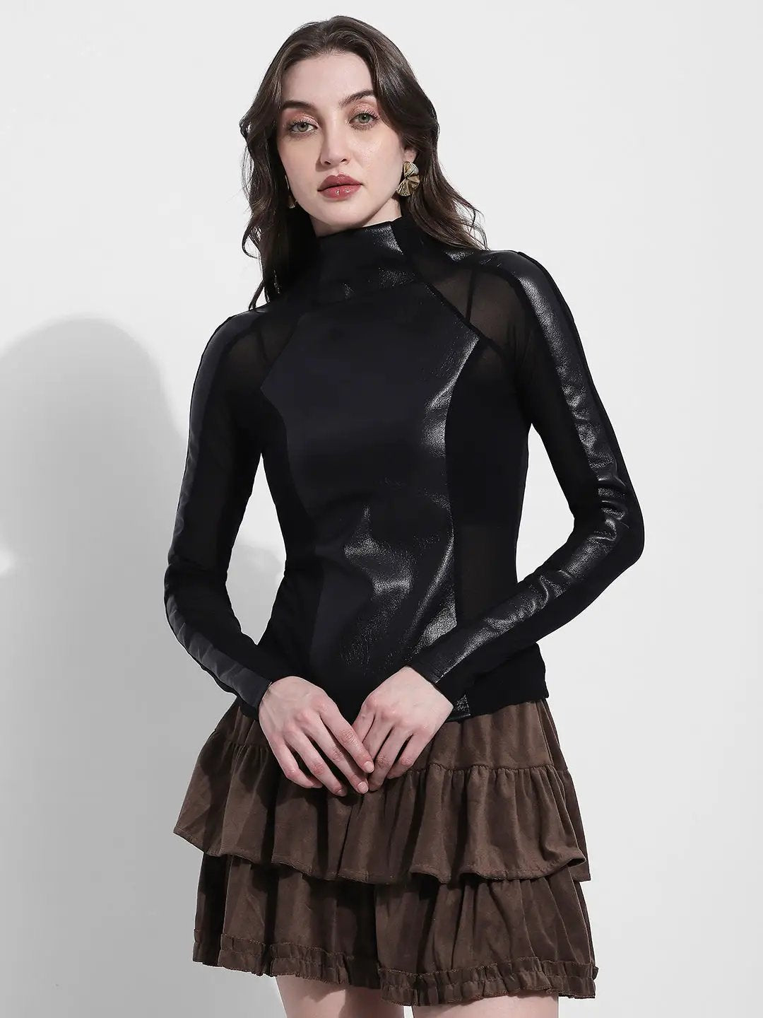 Women's Black Faux Leather Sheer Panel Mesh Top