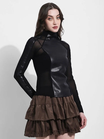 Women's Black Faux Leather Sheer Panel Mesh Top
