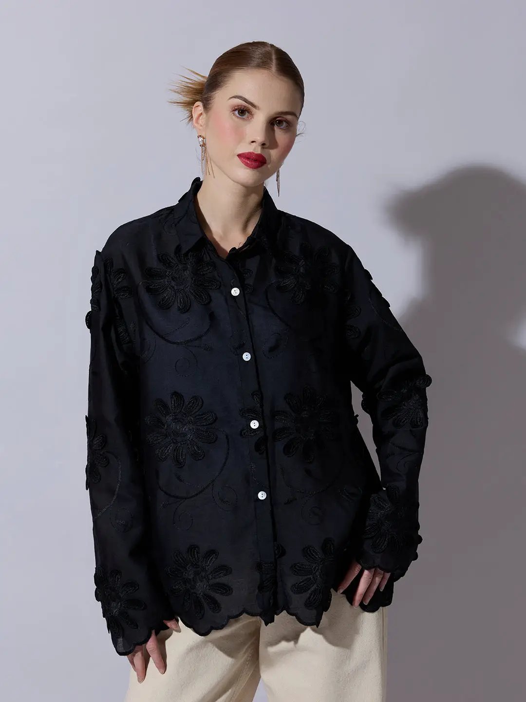 Women's Black Shirt with Floral Applique Detail