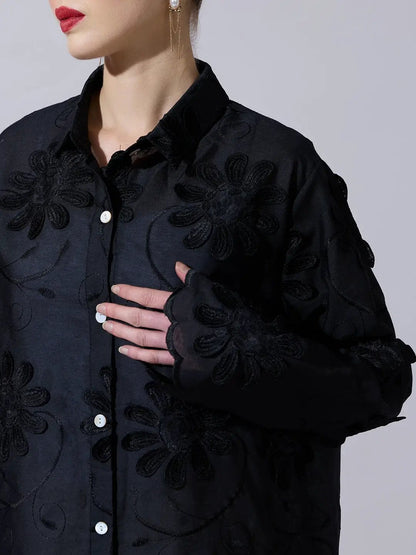 Women's Black Shirt with Floral Applique Detail