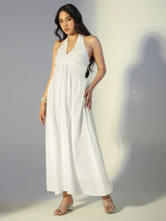 Women's White Halter Neck Maxi Dress