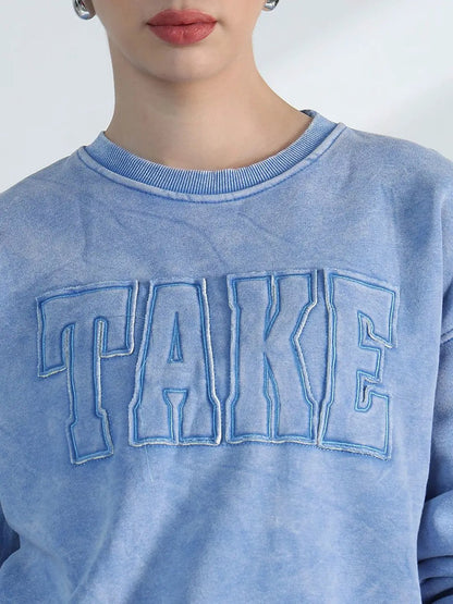 Women's Typography Blue Round Neck Oversized Sweatshirt