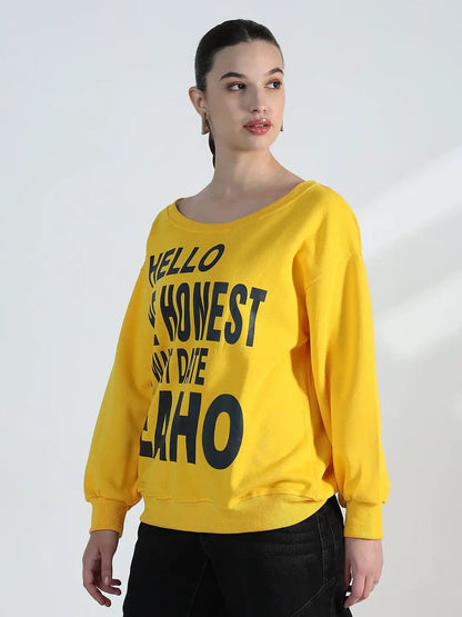Women's Typography Yellow Scoop Neck Oversized Sweatshirt