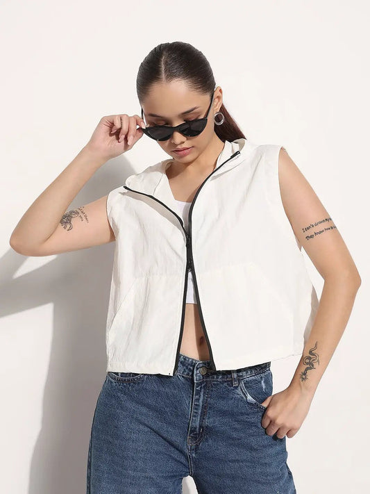 Women's White Hooded Sleeveless Bomber Jacket with Contrast Zipper