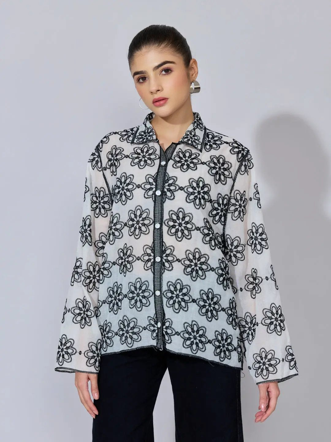 Women's Floral Embroidered Black Sheer Shirt
