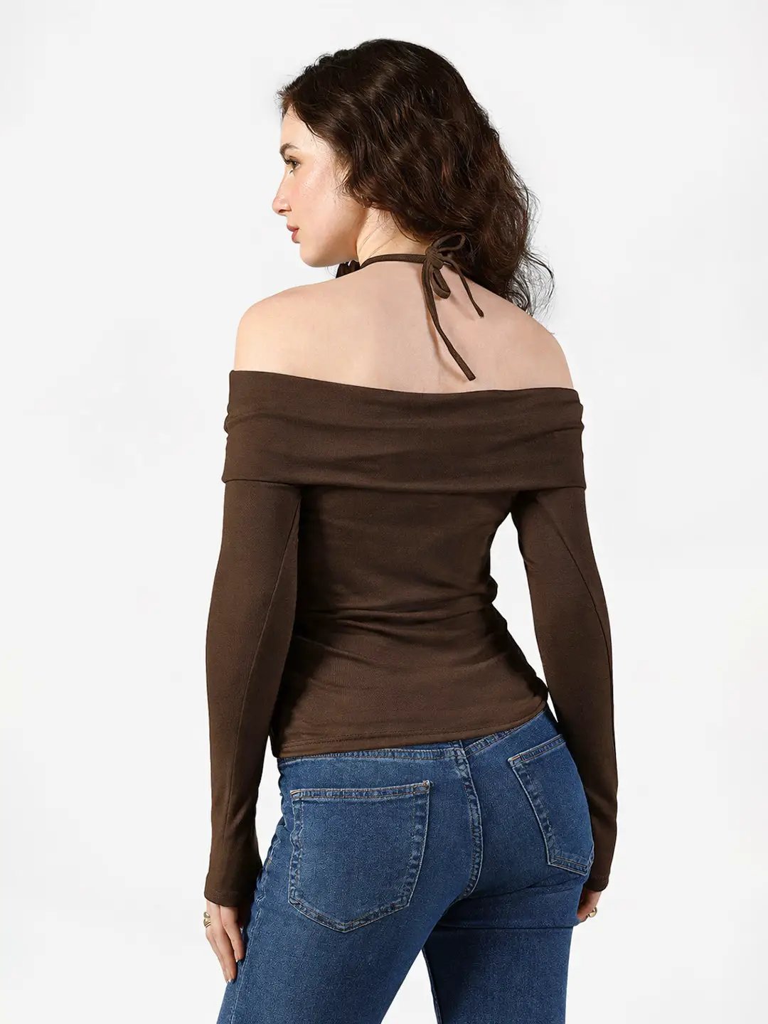 Women's Brown Off Shoulder Top with Rose Choker Detail