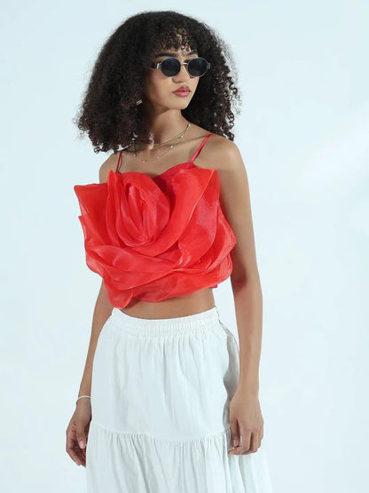 Women's Red Organza Rose Crop Top