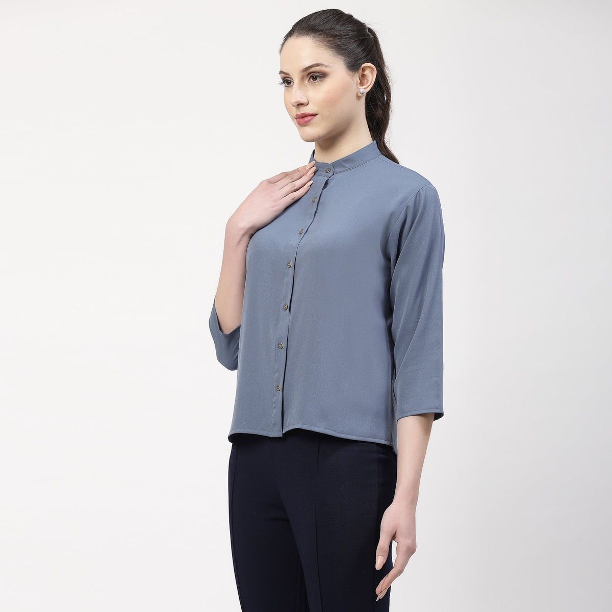 Blue Top With Mandarin Collar