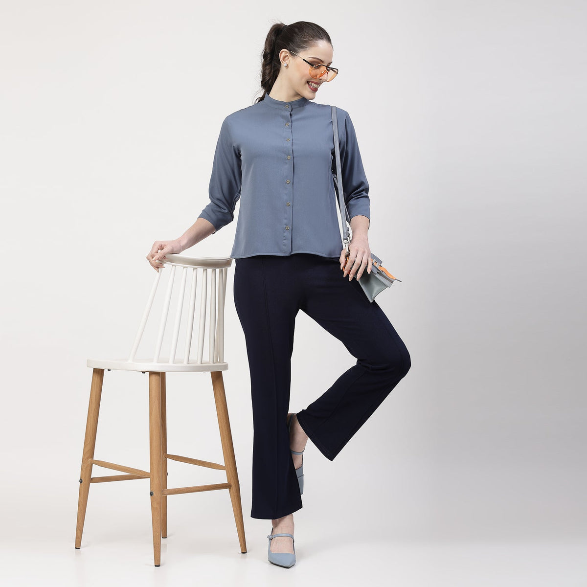 Blue Top With Mandarin Collar