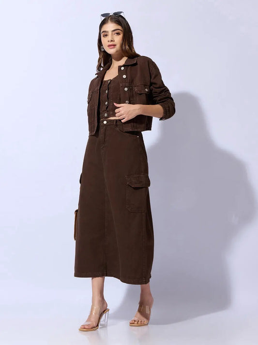 Women's Brown Bustier Top and Cargo Skirt with Crop Jacket Co-Ord Set