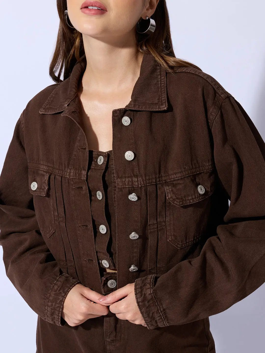 Women's Brown Bustier Top and Cargo Skirt with Crop Jacket Co-Ord Set