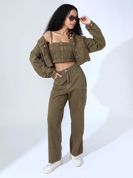Women's Khaki Denim Bustier Top and Jeans with Jacket Co-Ord Set