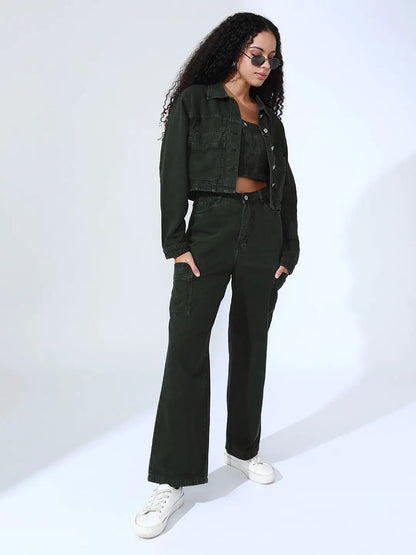 Women's Olive Denim Bustier Top and Jeans with Jacket Co-Ord Set