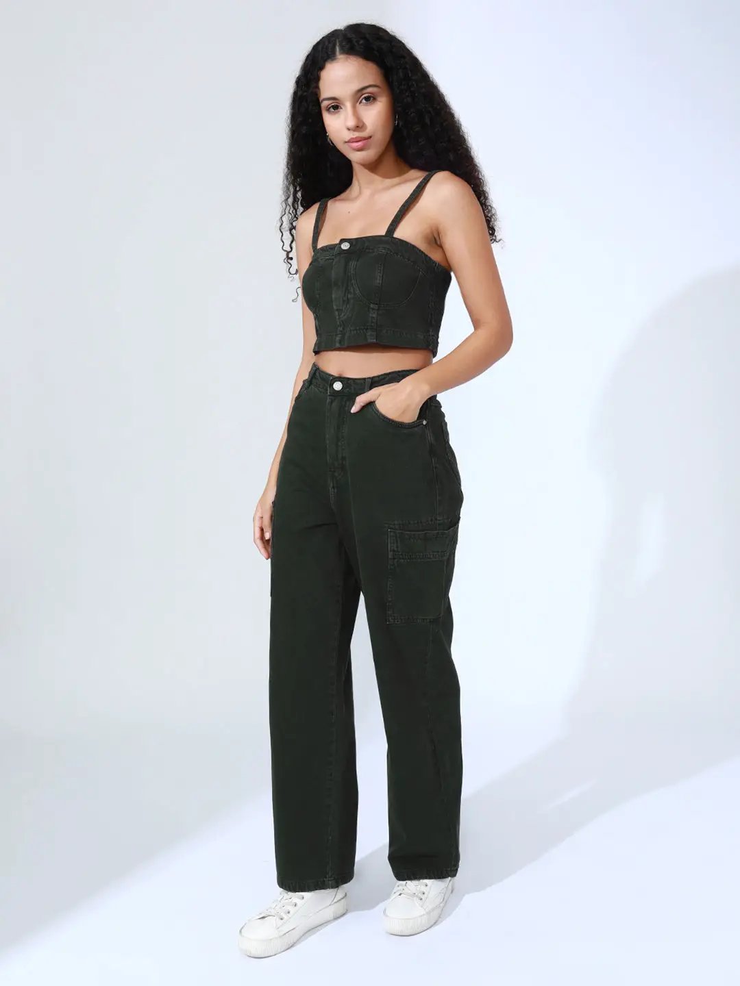 Women's Olive Denim Bustier Top and Jeans with Jacket Co-Ord Set