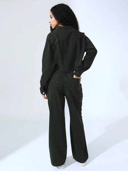 Women's Olive Denim Bustier Top and Jeans with Jacket Co-Ord Set