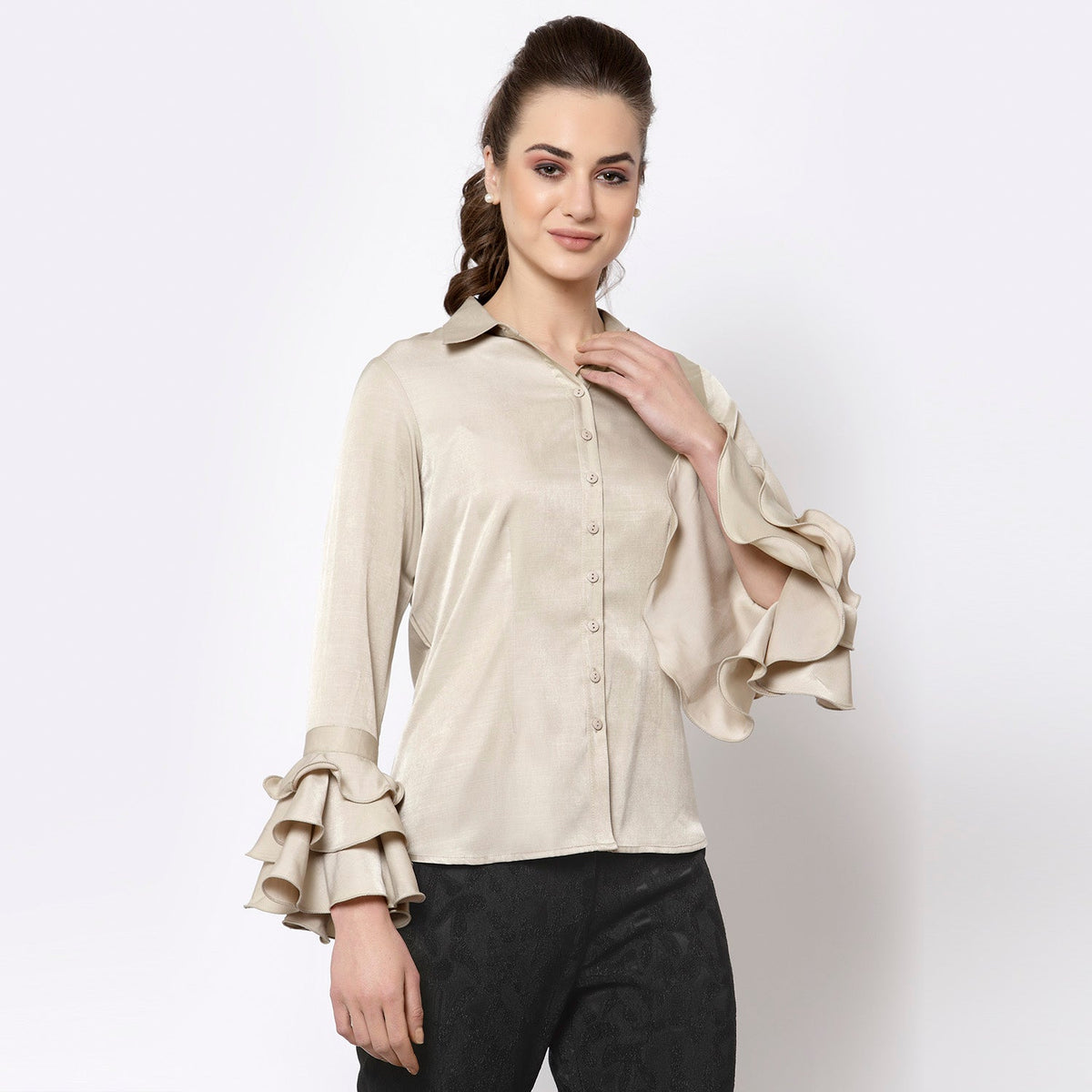 Beige Shirt With Frill Cuff