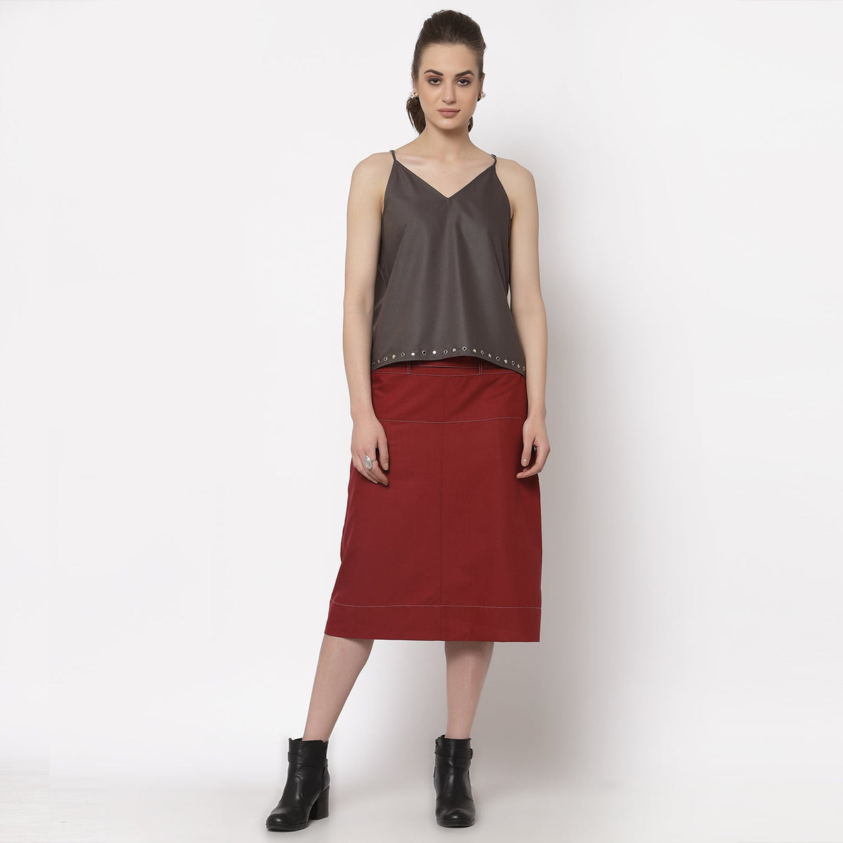 Red Skirt With Grey Top Stitch