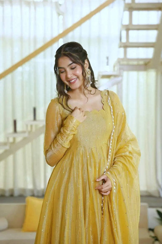 Mustard Yellow Foil Work Anarkali Suit Set | Women’s Wedding & Festive Wear
