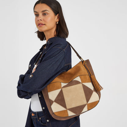 Brown Patchwork Suedette Shoulder Bag