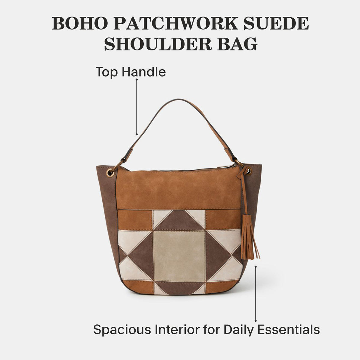 Brown Patchwork Suedette Shoulder Bag