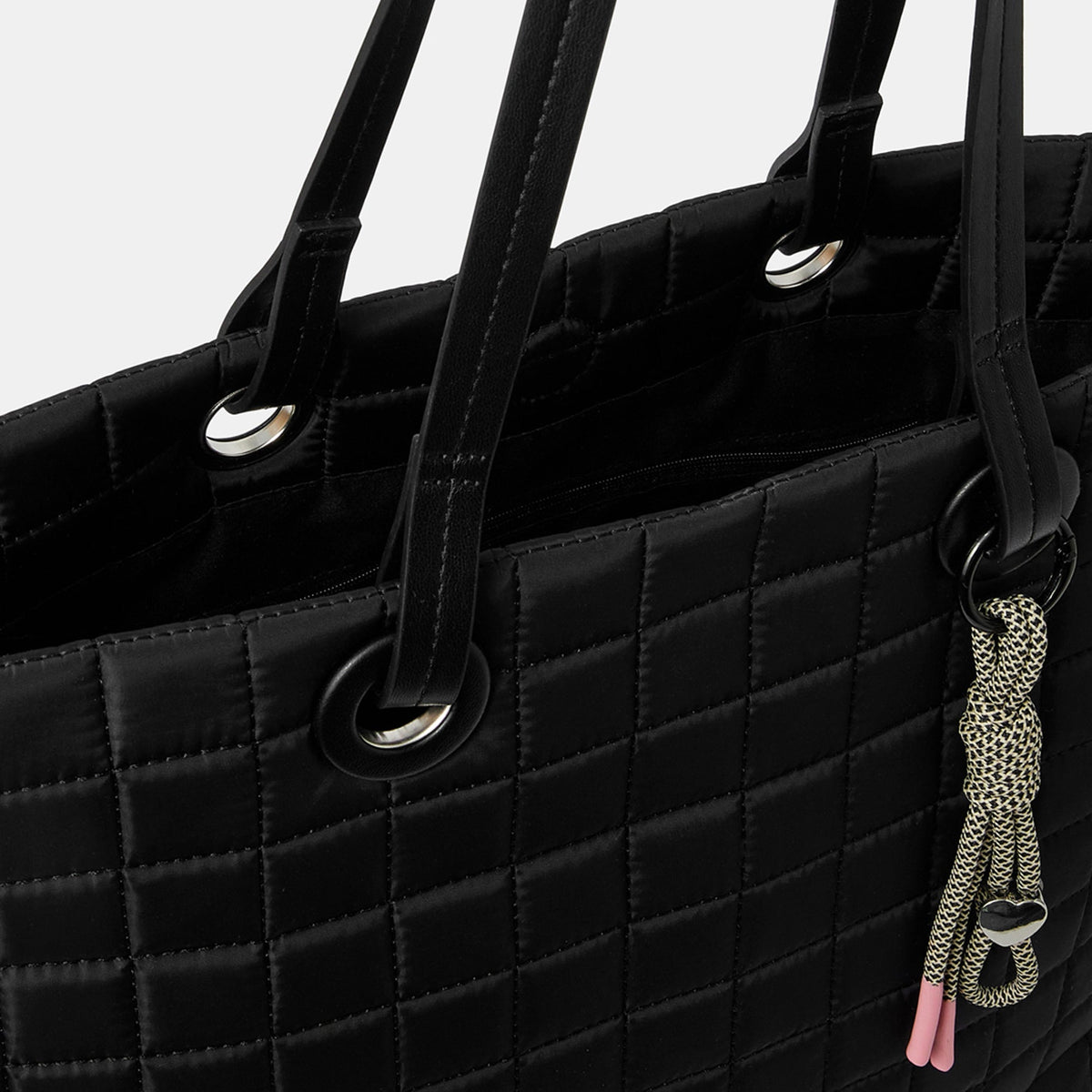 Black Nylon Quilt Tote Bag With Charm
