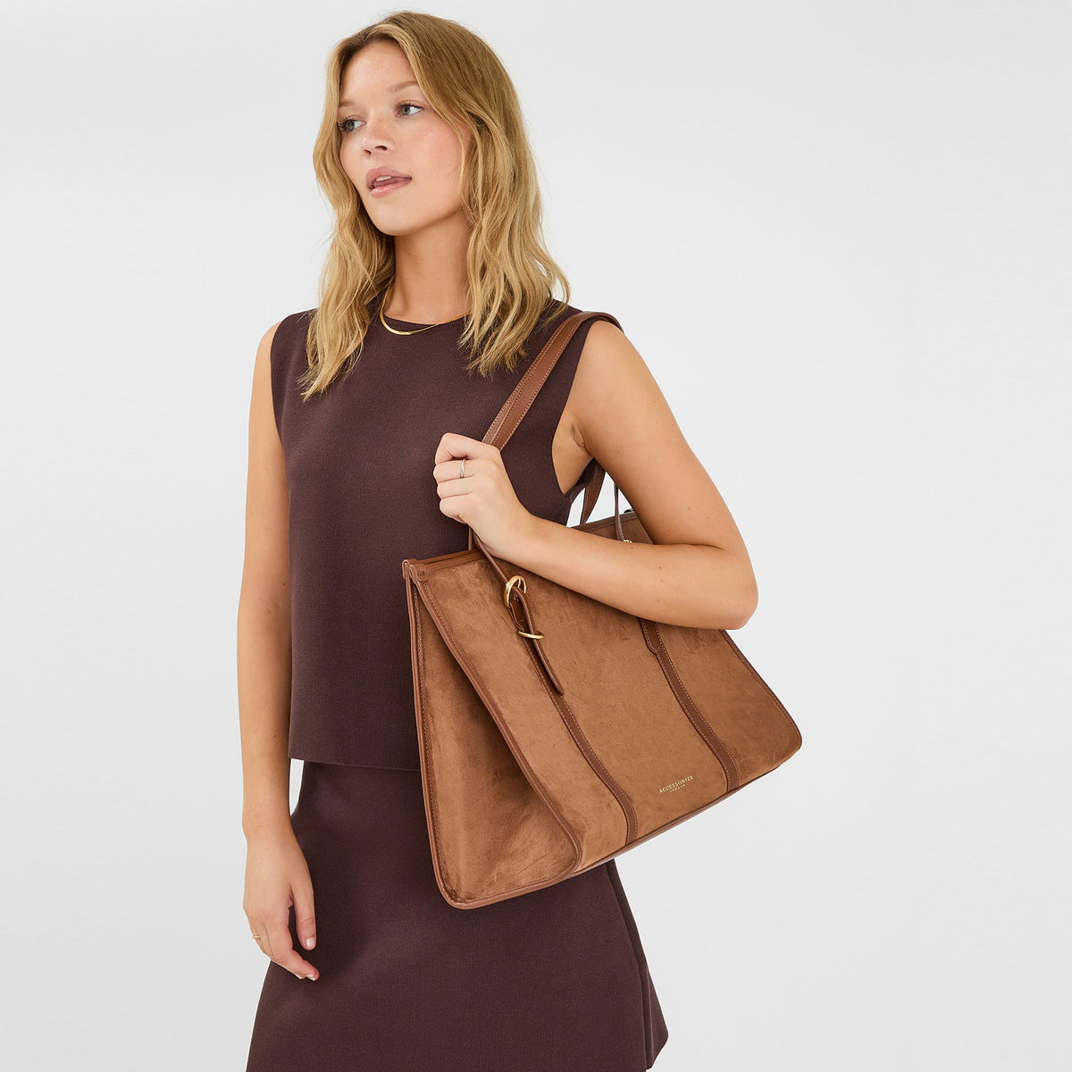 Brown Buckle Strap Suedette Shoulder Bag