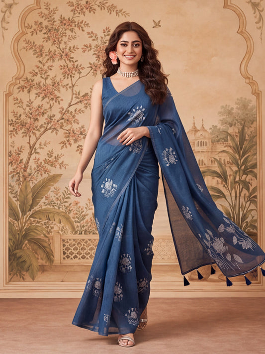 Blue Floral Woven Design Saree