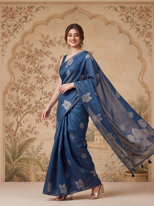 Blue Leaf Motif Woven Saree