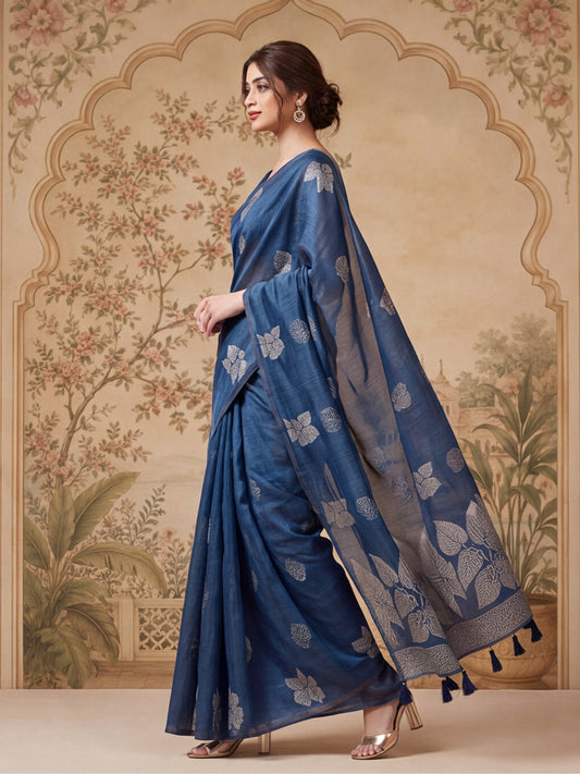 Blue Leaf Motif Woven Saree