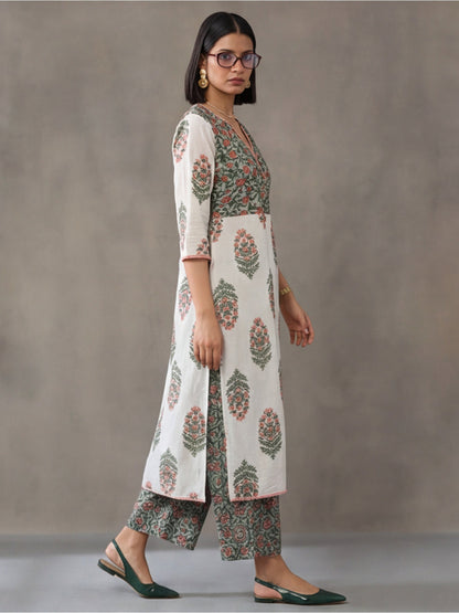 Off-White & Pink Printed Straight Kurta