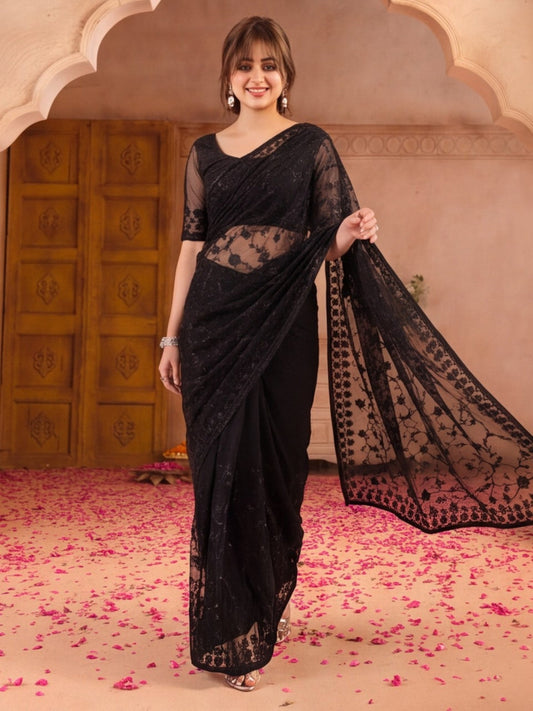 Black Blue Embroidered Sheer Saree