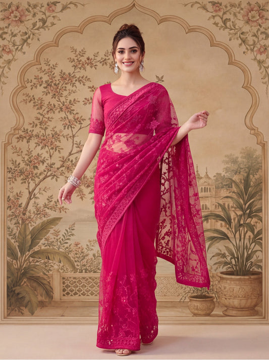 Pink Embroidered Sheer Saree