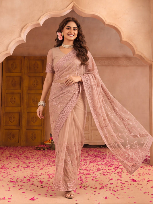 Blush Pink Embroidered Sheer Saree