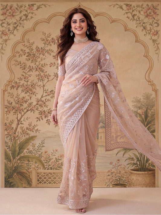 Cement Beige Embroidered Sheer Saree