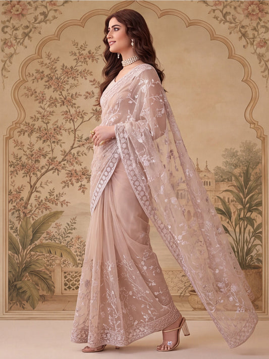 Cement Beige Embroidered Sheer Saree