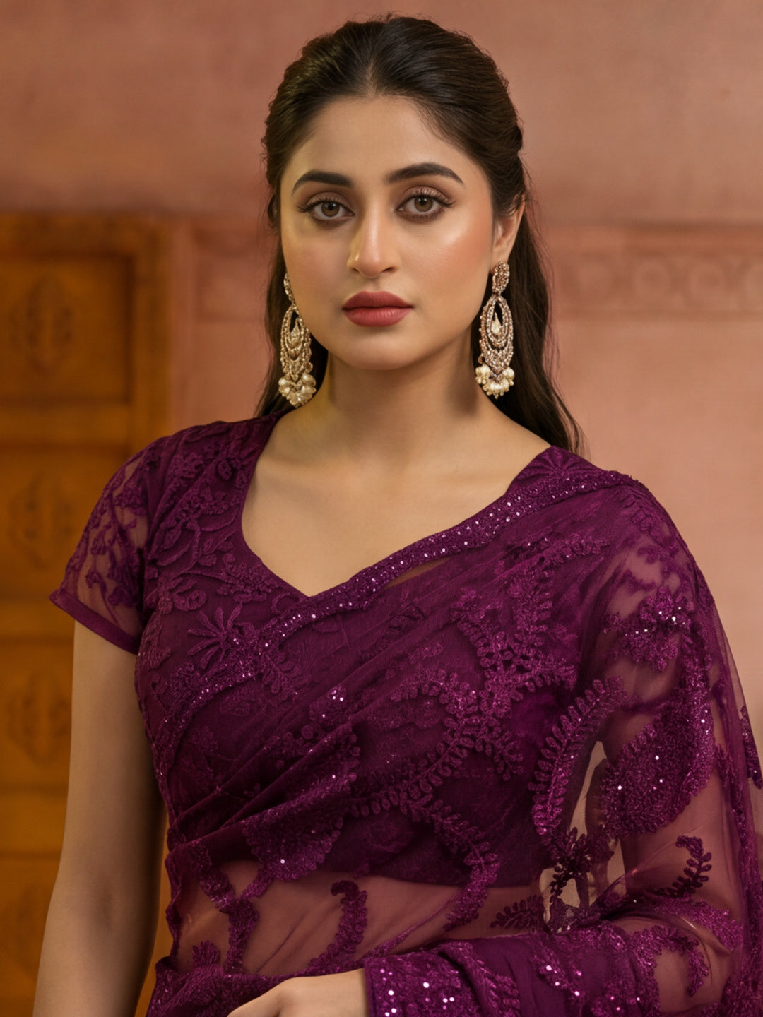 Purple Embroidered Sheer Saree