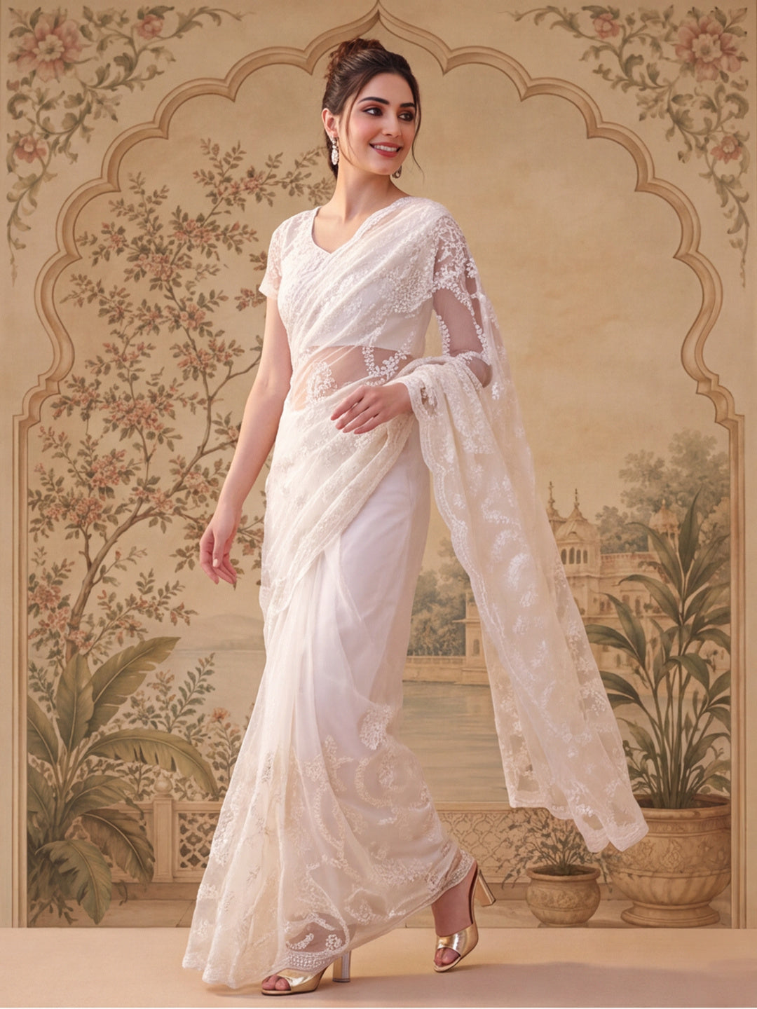 White Embroidered Sheer Saree