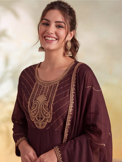 Embroidery Coffee Brown Kurta Set
