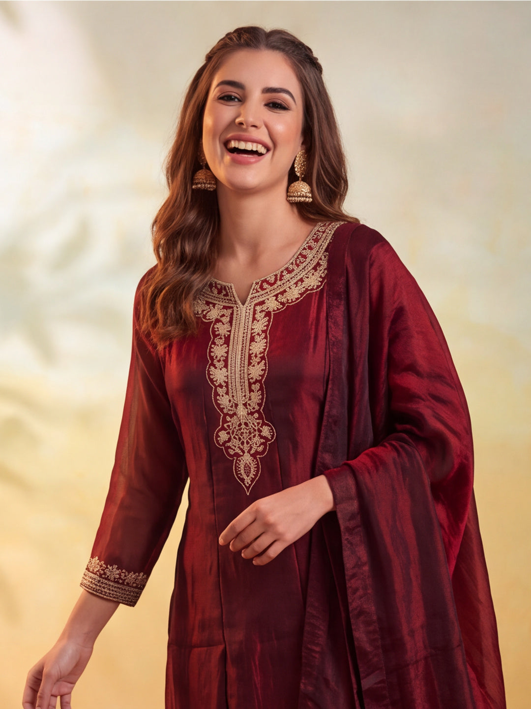 Embroidery Maroon Kurta Set
