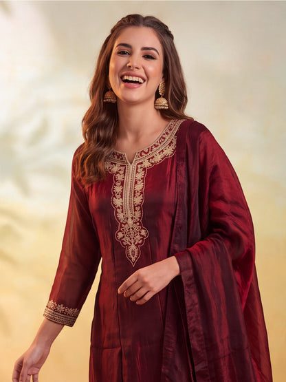 Embroidery Maroon Kurta Set