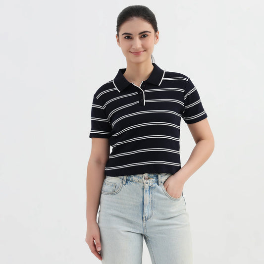 Striped Slim Fit Crop Polo T-Shirt