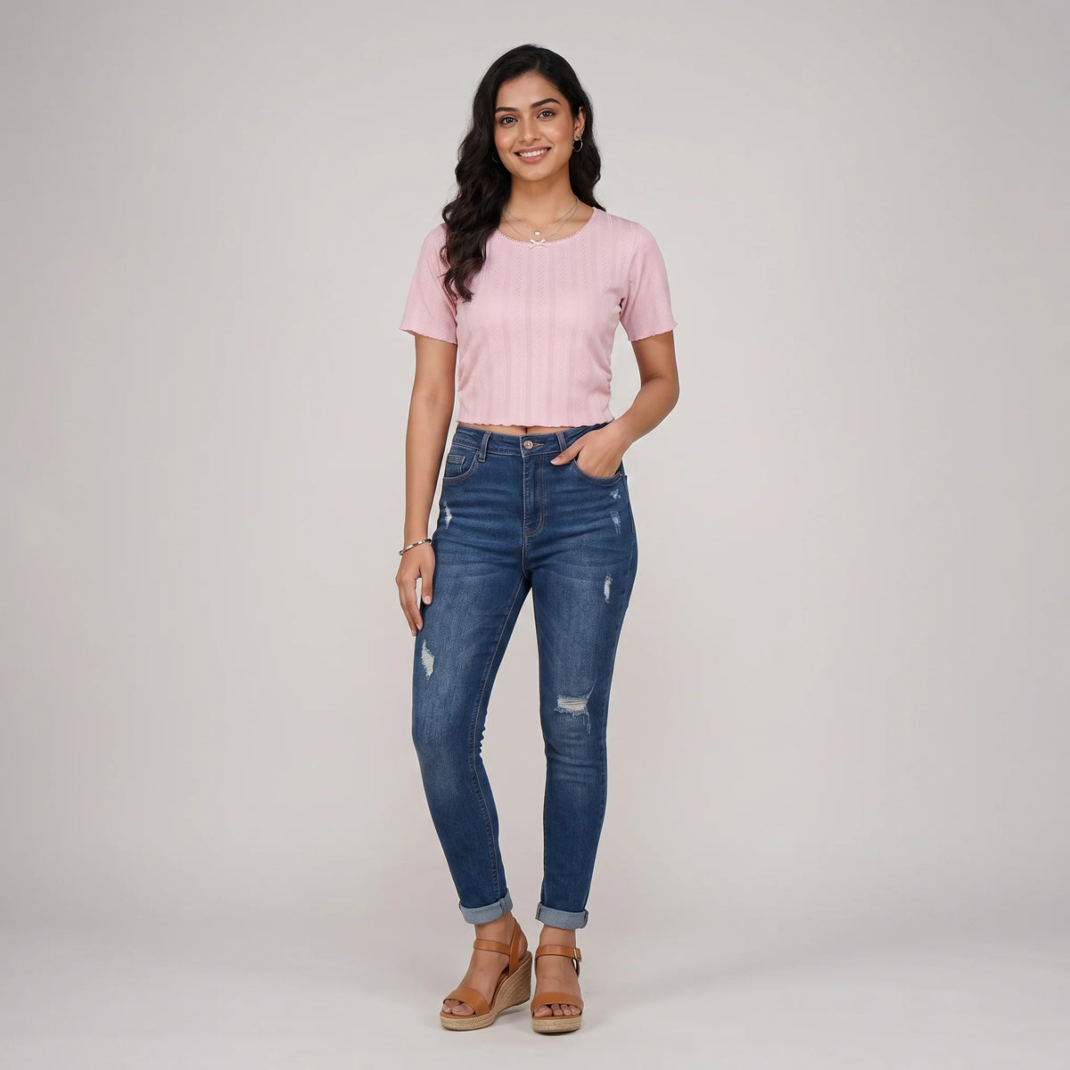 Knit Solid Slim Fit Cropped T-Shirt