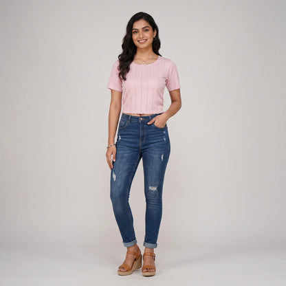 Knit Solid Slim Fit Cropped T-Shirt